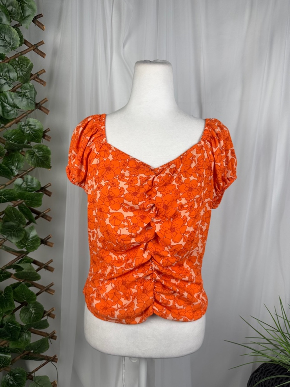 Sienna Sky Orange Floral Ruched Puff Sleeve Top